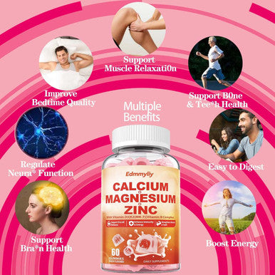 Edmmyliy Calcium Magnesium Zinc Supplement Gummies With Vitamin D3 K2 & B Complex For Women Men 1000Mg Calcium Citrate With Magnesium Gummies For Bone Muscles & Immune Support Sugar Free Vegan