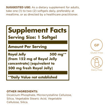 Solgar Royal Jelly "500" - 60 Softgels - Gluten Free Dairy Free - 60 Servings