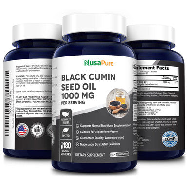 NusaPure Black Seed Oil 1,000 mg 180 Softgel Capsules (Non-GMO & Vegetarian) Cold-Pressed Nigella Sativa Producing Black Cumin Seed Oil