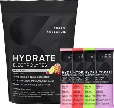 Sports Research Hydrate Electrolytes Powder Packets - Sugar-& Naturally Flavored With Vitamins, Minerals, And Coconut Water - Supports Hydration - 16 Packets - Variety Pack