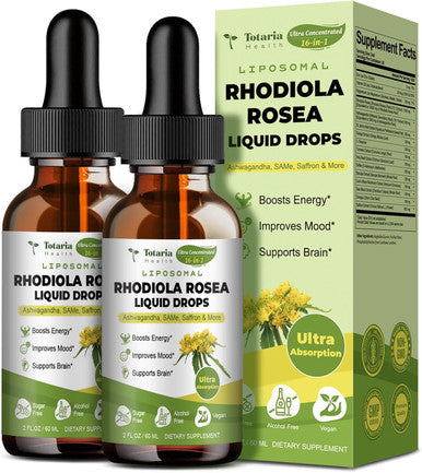 Totaria 16-In-1 Liposomal Rhodiola Rosea Tincture, Ultra Strength Rhodiola Supplement W/Ashwagandha, Saffron, Magnesium, Sam-E, Rhodiola Rosea Extract Liquid Drops For Natural Relaxation, Mood, Energy