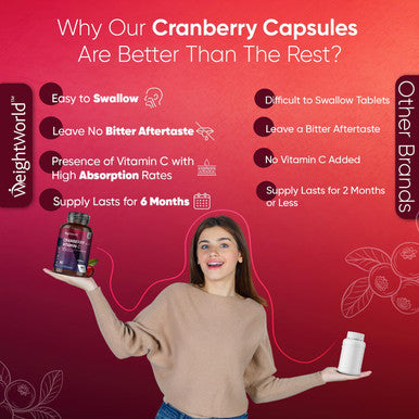 Weightworld Cranberry Capsules High Strength 50000mg per 2 Capsules - 180 Vegan Capsules with Vitamin C - Alternative to Cranberry Tablets - Easy to Swallow - Concentrated Cranberry Supplements for Women & Men