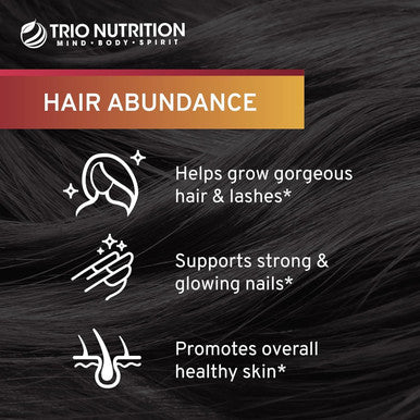 Trio Nutrition Hair Abundance Natural Vitamin Supplement For Hair Growth, Strong Nails And Smooth Skin Boosted With Collagen, Keratin, Zinc & Selenium Biotin 10000Mcg 30 Day Supply