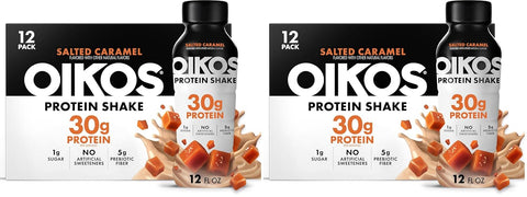 Oikos Protein Shake, Salted Caramel, 30g High Protein Drinks, Shelf Stable, Ready to Drink, 5g Prebiotic Fiber, 12 fl oz Bottle, 12 Count