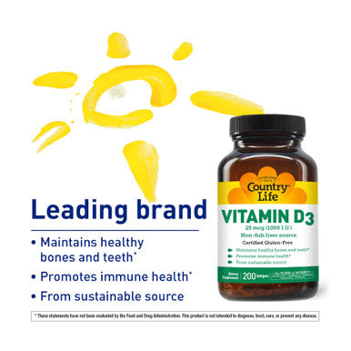 Country Life Vitamin D3 Non-Fish 1000 Iu 200 Softgels Certified Gluten Free