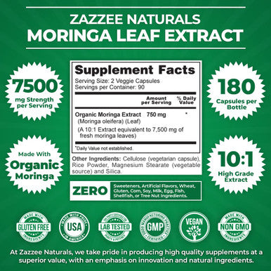 Zazzee Organic Moringa Oleifera 10:1 Extract, 7500 Mg Strength, 100% Pure Superfood, 180 Vegan Capsules, Concentrated And Standar