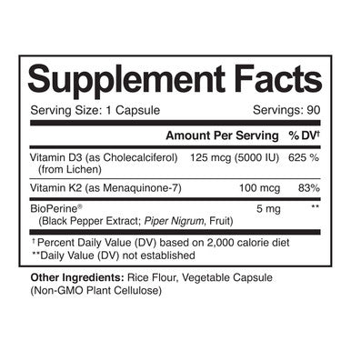 NutriFlair Vitamins D3 (5000iu/125mcg) + K2 (as Mk7) - Made with Plant-Based Ingredients Plus BioPerine Black Extract, 90 Capsules - Supports Healthy Immune, Heart and Health - Non-GMO Pills
