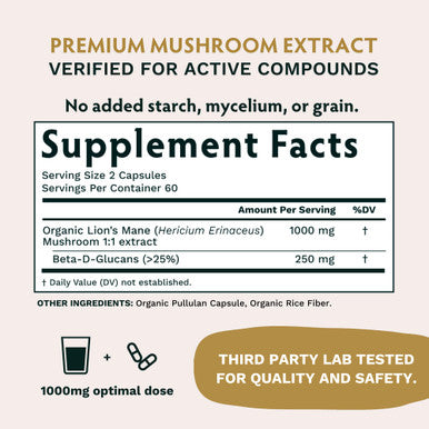 TRIBE ORGANICS Lion's Mane Supplement 1800mg Mushroom Extract Powder 120 Vegan Capsules