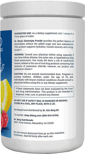 Dr. Berg's Electrolyte Powder, Raspberry & Lemon Natural Flavor - Hydration Drink Mix Supplement w/ 13x Potassium - Boost Energy & Keto Friendly - NO Maltodextrin Sugar & Carb Free - 100 Servings