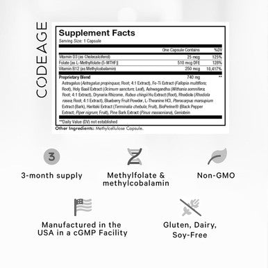 Codeage Ultra Life Telomeres Supplement - 5 MTHF Folate Vitamin B9 Vitamin B12 Methylcobalamin Vitamin D3 L-Theanine Ashwagandha - 3-Month Supply - DNA Methylation Cycle - Non-GMO - 90 Capsules