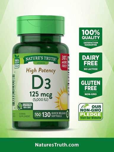 Nature's Truth Vitamin D3 5000 IU Softgels 130 Count | High Potency Vitamin D | Non-GMO, Gluten