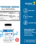 Renew Actives Potent L-Tyrosine Supplement For Amino Acid Support | Boost Muscle Protein Synthesis, Enhance Health & Well Being | 500Mg, 120 Capsules