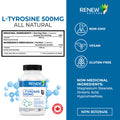 Renew Actives Potent L-Tyrosine Supplement For Amino Acid Support | Boost Muscle Protein Synthesis, Enhance Health & Well Being | 500Mg, 120 Capsules