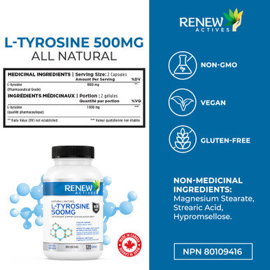 Renew Actives Potent L-Tyrosine Supplement For Amino Acid Support | Boost Muscle Protein Synthesis, Enhance Health & Well Being | 500Mg, 120 Capsules