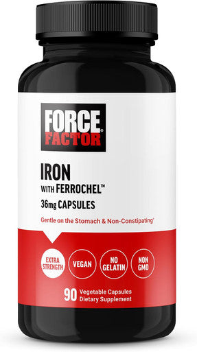 Force Factor Iron Supplement for Women and Men Non-Constipating Gentle on The Stomach Iron Bisglycinate 36mg 90 Vegetable Capsules