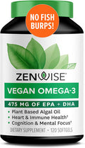 Zenwise Vegan Omega3 Plant Based Fish Oil Alternative Marine Algal Source for EPA and DHA Fatty Acids Burpless Supplement for Brain Health Joint Support Immune System Heart Skin 120 ct