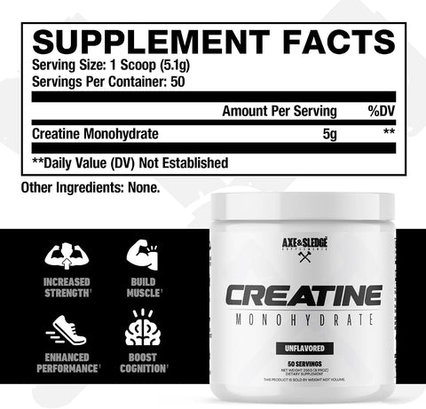 Axe & Sledge Supplements Basics Creatine Enhances Strength Increases Lean Body Mass Boosts Performance Unflavored 50 Servings