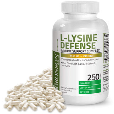 Bronson L-Lysine Defense Immune Support Complex 1500 Mg L-Lysine Plus Olive Leaf, Garlic, Vitamin C And Zinc - Non-Gmo, 250 Vegetarian Capsules