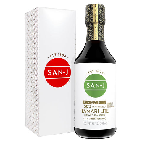 San-J - Organic Gluten Free Tamari Soy Sauce with 50% Less Sodium - Made with 100% Whole Soy - Specially Brewed - 10 oz. Bottle