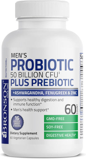 Bronson Men'S Probiotic 50 Billion Cfu Plus Prebiotic With Ashwagandha, Fenugreek & Zinc, Supports Healthy Digestion & Immune Function Non-Gmo, 60 Vegetarian Capsules