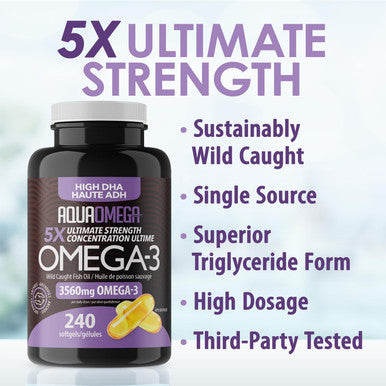 Aquaomega 5X Ultimate Strength High Dha Omega-3 With Epa And Vitamin D - Wild Caught Omega 3 Fish Oil Capsules - 3560Mg Of Omega 3 Supplements - 240 Softgels