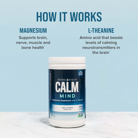 Natural Vitality Calm Mind Magnesium Citrate + LTheanine Powder Supports a Healthy Response to Stress Gluten and Vegetarian Honey Chamomile 12 oz.