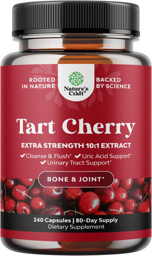 Natures Craft Extra Strength Tart Cherry Capsules - Tart Cherry Extract Capsules 7500mg Non-GMO Tart Cherry Fruit Equivalent per Serving - Advanced Uric Acid Cleanse and Joint Support Supplement - 240 Capsules