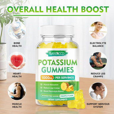 Potassium Citrate Gummies 1000Mg, High Potency Potassium Supplement Gummies For Adults Women & Men, Potassium Gummies Support Leg Cramps & Muscle Health, Sugar-Free, Pineapple Flavor, 60 Count