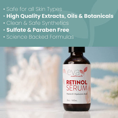 Retinol Serum by Eva Naturals 2.5 Retinol Serum for Face with Hyaluronic Acid Vitamin E Organic Aloe Retinol Face Serum that Reduce Wrinkles Fine Lines Dark Spots Anti Aging Serum 2 oz