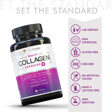 Multi Collagen Pills with Hyaluronic Acid Vitamin C 5 Type Hydrolyzed Collagen Protein Peptides Types I II III V X 30 Servings 90 Capsules