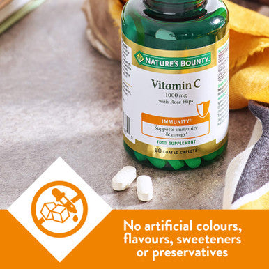 Nature's Bounty Vitamin C 1000 Mg With Rose Hips - Pack Of 60 Coated Caplets - Supports Immunity And Energy - Vegan And Gluten Free