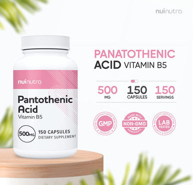 Nui Nutra Pantothenic Acid (Vitamin B5) Supplement | 500mg | 150 Capsules | Supports Energy & Focus | Supports Digestive System | Promotes Healthy Skin