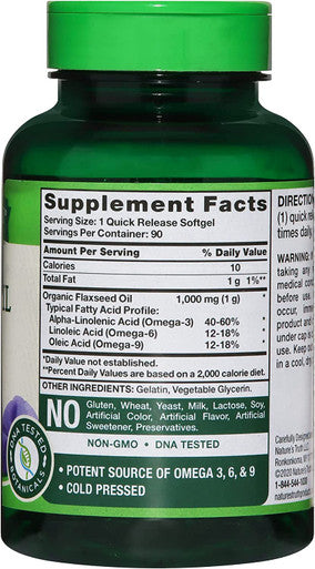 Nature's Truth Organic Cold Pressed Flaxseed Oil 1000 mg Omega 3, 6 & 9 Quick Release Softgels - 90 ct, Pack of 6