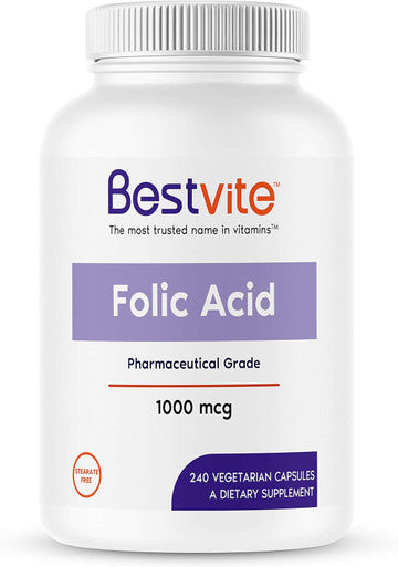 Bestvite Folic Acid 1000mcg (Vitamin B9) (240 Vegetarian Capsules) - No Dicalcium Phosphate - No Stearates -No Silicon Dioxide - Non GMO - Gluten