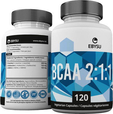 EBYSU BCAA Branched Chain Amino Acid Supplement 2:1:1 L-Leucine, L-Isoleucine, and L-Valine 120 Capsules
