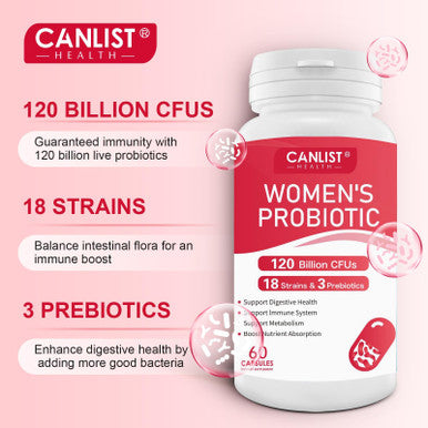 CANLIST Women's Probiotics120 Billion CFUs 18 Strains 3 Prebiotics & Digestive Enzymes Contains Organic Prebiotic Cranberry Women's Health Digestive & Immune Support Non-GMO Soy Gluten Dairy Free