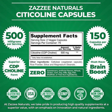 Zazzee Extra Strength Citicoline, 500 Mg Per Serving, 150 Vegan Capsules, 75 Day Supply, Superior Cdp Choline Form, 100% Vegetari