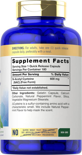 Carlyle NAC N-Acetyl Cysteine 600mg | 180 Capsules | with Peppermint | Form Supplement | Non-GMO Gluten