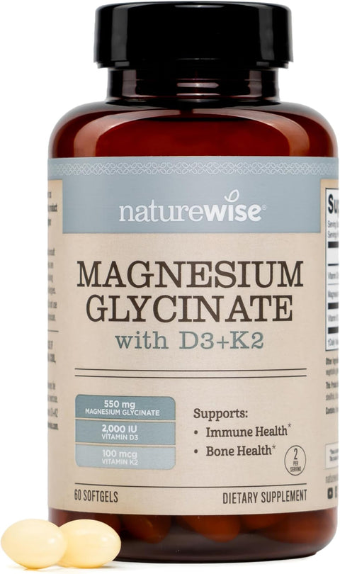 NatureWise Magnesium Glycinate 550mg + HighDose 10000 IU Vitamin D3 K2 100 mcg D3 K2 Magnesium Supplement Chelated for High Absorption Bone Support NonGMO USA Manufactured [30Day Supply]