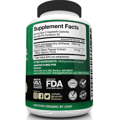 Nutrivein Organic Ashwagan Capsules 1600mg with Black Extract - 120 Vegan Pills - 100% Pure Root Powder Supplement - Supports Relief, Immune, Energy, Stamina & Mood