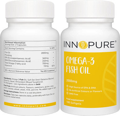 INNOPURE Omega 3 Fish Oil Capsules - 2000mg per Daily Dose Providing EPA & DHA, 180 Softgels - Made in The UK