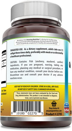 Amazing Nutrition Omega Fish Oil 1000mg 250 Softgels Supplement | Non-GMO | Gluten