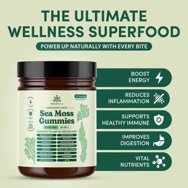 Sea Moss Gummies 16-in-1 - Ashwagandha Black Seed Oil Bladder Wrack Turmeric Vitamin C & D3 with Manuka Burdock Root Dandelion Yellow Dock Elderberry Apple Cider Vinegar (Green Apple) 30 gummies