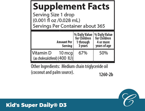 Carlson Kid's Super Daily D3 Vitamin D Drops for Kids 400 IU per drop 1Year Supply Heart and Immune Health Vegetarian Liquid Vitamin D Drops Unflavored 365 drops