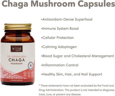 Stay Wyld Organics Chaga Mushroom Vegan Capsule Supplement - Immune System & Inflammation Support, Anti-Aging, Hair Growth, Cardiovascular Health, Antioxidant-Dense Superfood - Perfect for Adult Women & Men | (60 Capsules)