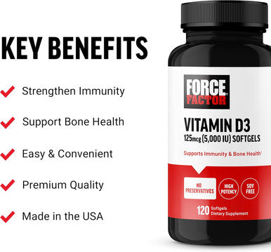 Force Factor Vitamin D3 5000 IU Softgels High-Potency Vitamin D Supplement to Support Immunity and Bone Health Premium Quality No Preservatives 120 Softgels