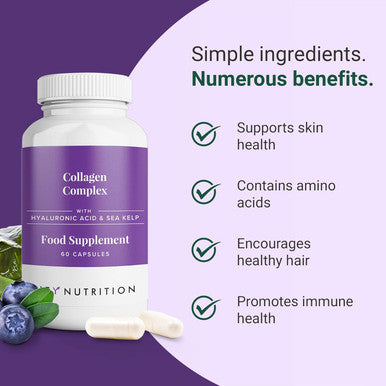 Hey Nutrition Collagen Complex Hyaluronic Acid & Sea Kelp Vitamin E C Biotin - Healthy Nails Skin Hair Joints Metabolism - Type 1 Marine Supplement - Non GMO 60 Capsules