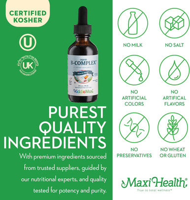 Maxi Health Raspberry Liquid Vitamin B Complex - Vitamin Supplement with Vitamin B12 - Sublingual B Vitamins Complex Drops for Kids with B1 B2 B3 B5 B6 Biotin Folic Acid - For Energy & Brain Function 2 fl. oz.
