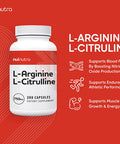 Nui Nutra L-Arginine L-Citrulline Supplement | 750mg | 200 Capsules | Boost Nitric Oxide | Supports Endurance & Athletic Performance | Promotes Energy