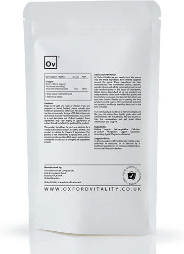 Copper Supplements 1mg Tablets for General Health and Well Being Oxford Vitality